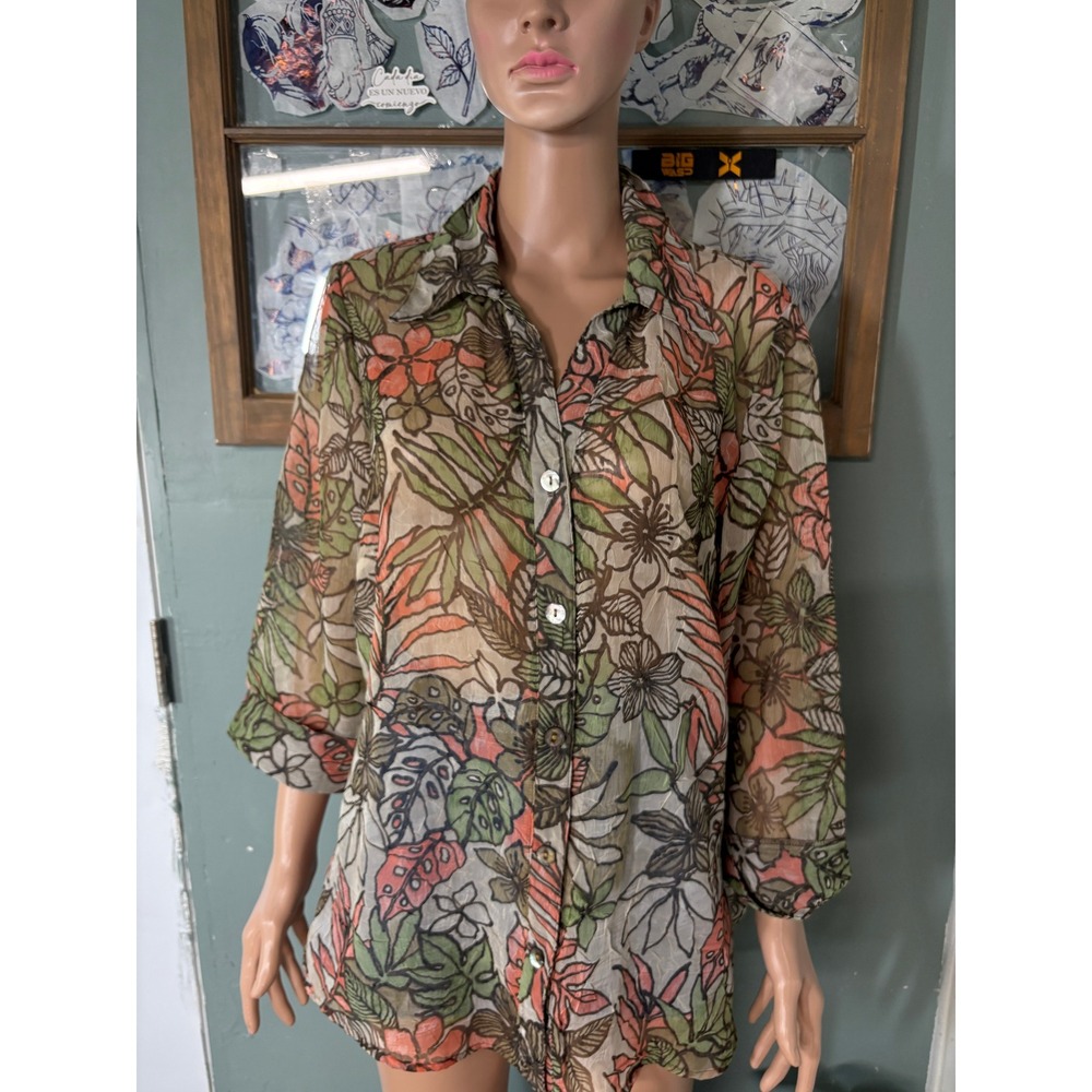 Boho Gloria Lance Woman Floral Sheer Button Up Shirt 1X Green Peach Artsy